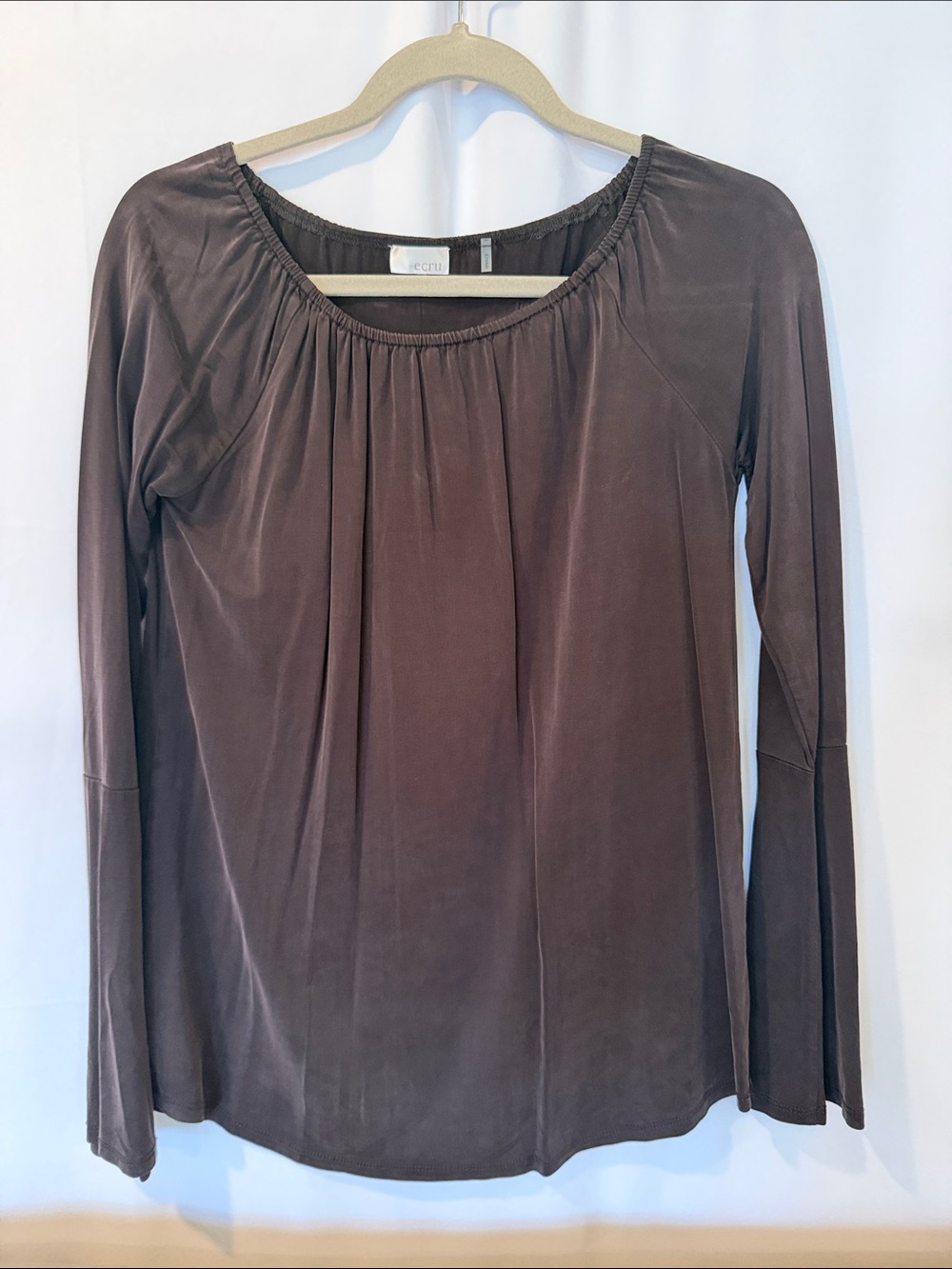 ecru Long-Sleeve Scoop Neck Top in Chocolate Brown